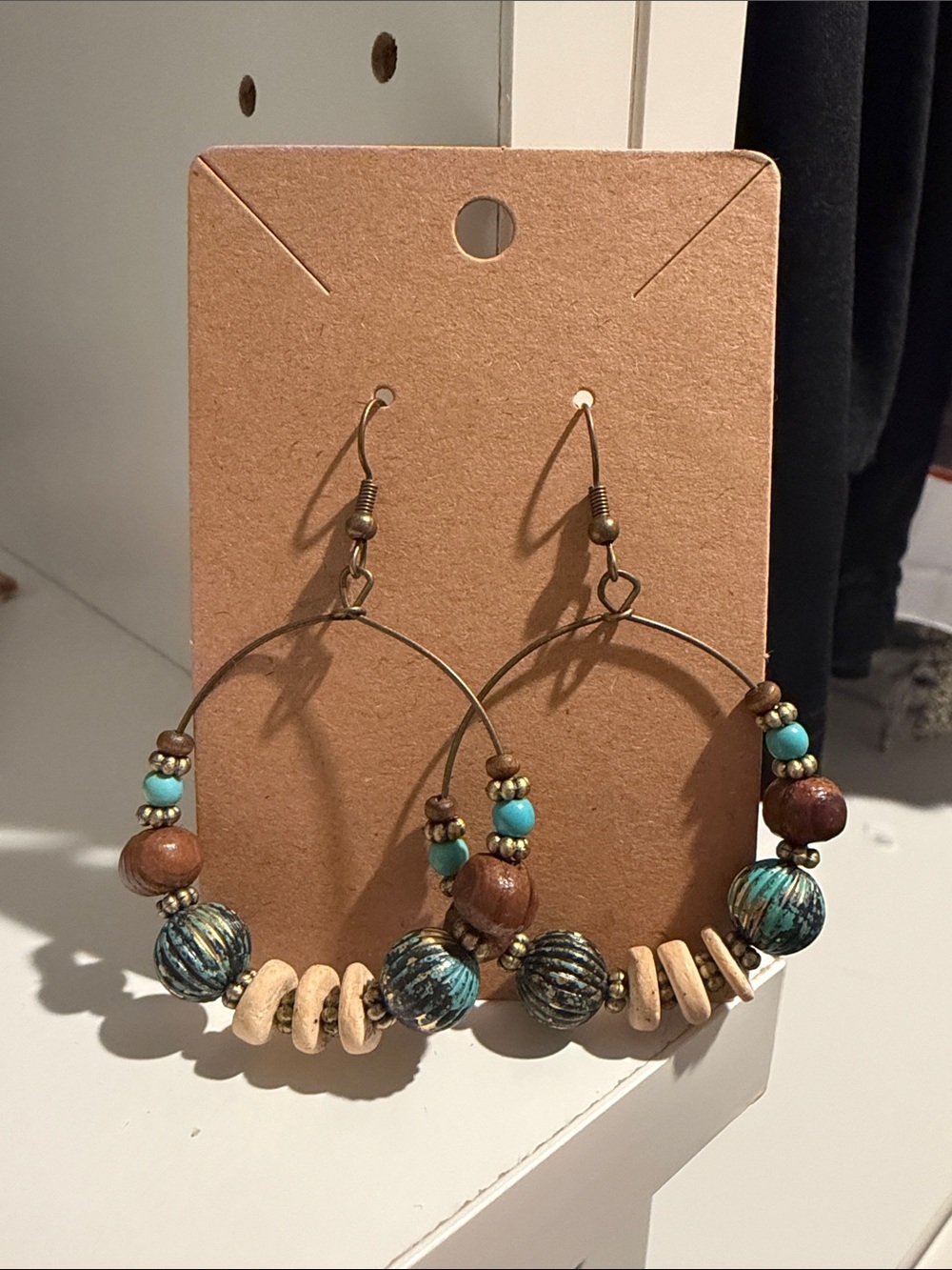 Boho Turquoise and Wood Hoop Earrings - Unbranded
